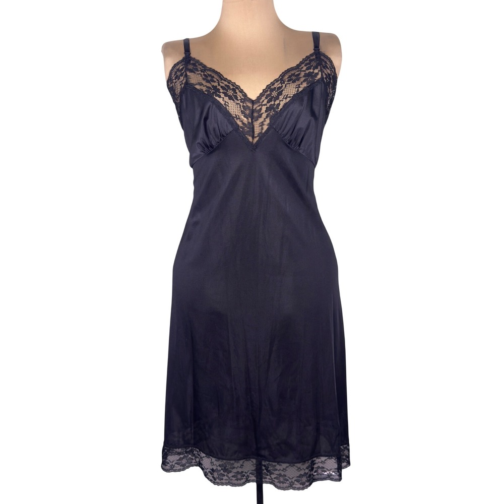 Vintage Black Full Slip Dress Size 38 Lace Trim Nylon Tricot Made in USA Boudoir